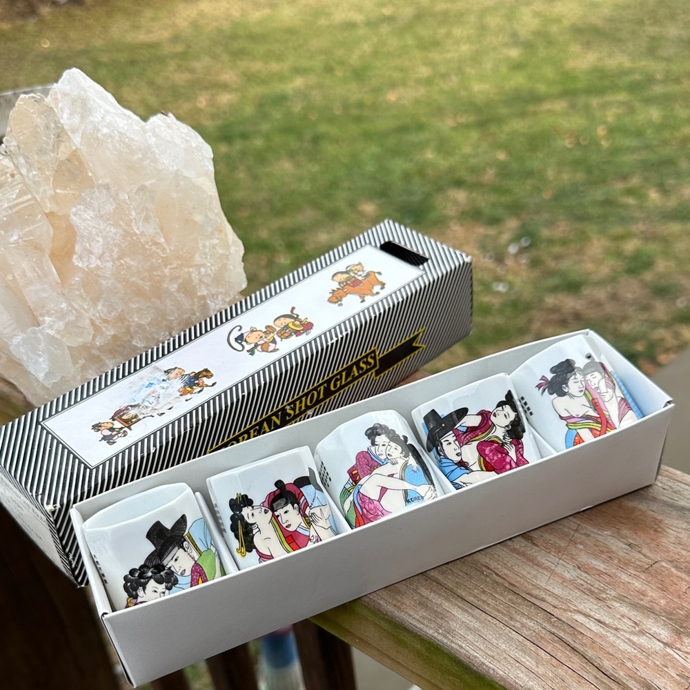 Japanese Sake Shot Glass Set. Vintage. Kama Sutra Geisha Girl Designed - Picture 1 of 8
